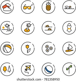 line vector icon set - clouds vector, sunglasses, pineapple, swimming, palm, flip flops, swimsuit, ball, tulip, flower, windsurfing, forest, kite, toy windmill