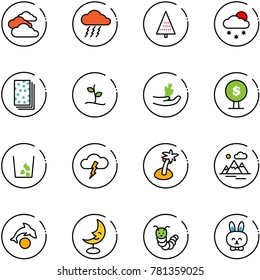 line vector icon set - clouds vector, storm, christmas tree, snowfall, breads, sproute, hand, money, garbage, palm, mountains, dolphin, moon lamp, toy caterpillar, rabbit