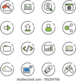 line vector icon set - clouds vector, account statistics, money click, browser globe, right arrow, uplooad, user, share, folder, tag code, monitor, cloud, notebook wi fi, usb, joystick
