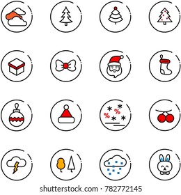 line vector icon set - clouds vector, christmas tree, gift, bow, santa claus, sock, ball, hat, sale, rowanberry, storm, forest, snow, toy rabbit