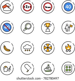 line vector icon set - clouds vector, limited width road sign, no cart horse, minimal speed limit, end, magnifier, win cup, banana, rain cloud, parasol, fire, bucket scoop, fretsaw, toy boat