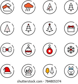 line vector icon set - clouds vector, storm, christmas tree, gift, bow, ball, snowflake, hat, snowball house, forest, toy rabbit