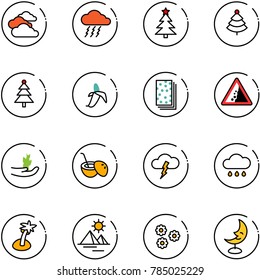 line vector icon set - clouds vector, storm, christmas tree, banana, breads, landslide road sign, hand sproute, coconut cocktail, rain cloud, palm, pyramid, flower, moon lamp