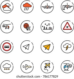 line vector icon set - clouds vector, storm, plane, boarding passengers, helicopter, globe, christmas landscape, airport road sign, no bus, paper fly, rain cloud, kite, toy