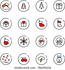 line vector icon set - clouds vector, christmas tree, gift, sock, glove, snowflake, snowman, snowball house, sale, rowanberry, storm, toy rabbit