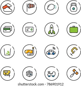 line vector icon set - clouds vector, side wind, lemon, weight, credit card, tap pay, rocket, case, garbage, diving, car wireless, clamp, jig saw, cube toy, baby, hammer