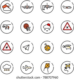 line vector icon set - clouds vector, plane, boarding passengers, small, helicopter, globe, snowfall, airport road sign, abrupt turn right, paper fly, moon flag, rain cloud, kite