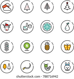 line vector icon set - clouds vector, christmas tree, deer hat, tonometer, lemon slice, pear, spica, money, pineapple, butterfly, forest, sickle, toy caterpillar, rabbit