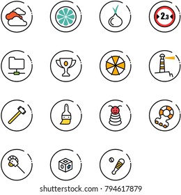 line vector icon set - clouds vector, lemon slice, onion, limited width road sign, network folder, gold cup, parasol, lighthouse, sledgehammer, brush, pyramid toy, teethers, horse stick, cube