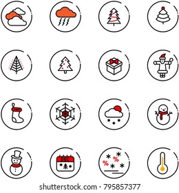 line vector icon set - clouds vector, storm, christmas tree, gift, santa claus, sock, snowflake, snowfall, snowman, calendar, sale, thermometer