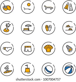 line vector icon set - coconut cocktail vector, lounger, flippers, palm, inflatable pool, flip flops, swimsuit, shell, surfing, sand castle, ball, beach