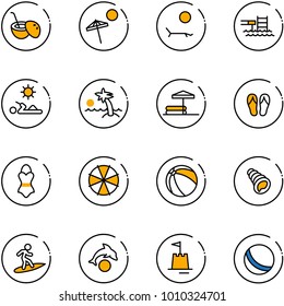 line vector icon set - coconut cocktail vector, beach, lounger, pool, reading, palm, inflatable, flip flops, swimsuit, parasol, ball, shell, surfing, dolphin, sand castle