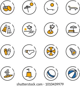 line vector icon set - coconut cocktail vector, beach, lounger, flippers, palm, inflatable pool, flip flops, swimsuit, parasol, shell, surfing, sand castle, ball