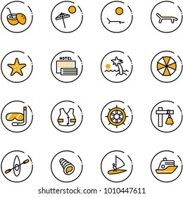 line vector icon set - coconut cocktail vector, beach, lounger, starfish, sea hotel, palm, parasol, diving, life vest, hand wheel, ship bell, kayak, shell, windsurfing, cruiser