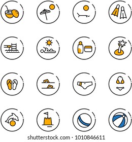 line vector icon set - coconut cocktail vector, beach, lounger, flippers, pool, reading, uv cream, palm, flip flops, swimsuit, dolphin, sand castle, ball