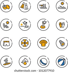 line vector icon set - coconut cocktail vector, flippers, pool, reading, beach, palm, flip flops, swimsuit, parasol, shell, surfing, dolphin, ball