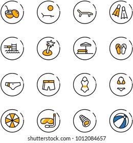 line vector icon set - coconut cocktail vector, lounger, flippers, pool, palm, inflatable, flip flops, swimsuit, parasol, diving, shell, beach ball
