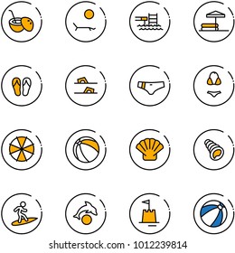 line vector icon set - coconut cocktail vector, lounger, pool, inflatable, flip flops, swimsuit, parasol, ball, shell, surfing, dolphin, sand castle, beach