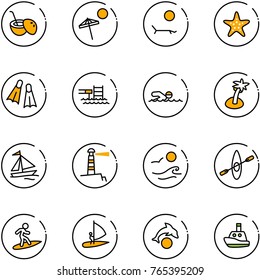 line vector icon set - coconut cocktail vector, beach, lounger, starfish, flippers, pool, swimming, palm, sail boat, lighthouse, waves, kayak, surfing, windsurfing, dolphin, toy