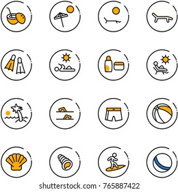 line vector icon set - coconut cocktail vector, beach, lounger, flippers, reading, uv cream, palm, flip flops, swimsuit, ball, shell, surfing