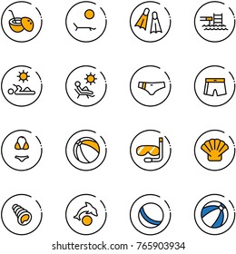 line vector icon set - coconut cocktail vector, lounger, flippers, pool, reading, beach, swimsuit, ball, diving, shell, dolphin