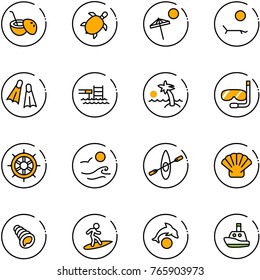 line vector icon set - coconut cocktail vector, sea turtle, beach, lounger, flippers, pool, palm, diving, hand wheel, waves, kayak, shell, surfing, dolphin, toy boat