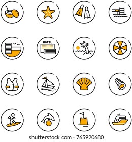 line vector icon set - coconut cocktail vector, starfish, flippers, pool, hotel, sea, palm, parasol, life vest, sail boat, shell, surfing, dolphin, sand castle, cruiser