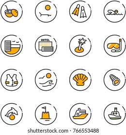 line vector icon set - coconut cocktail vector, lounger, flippers, swimming, hotel, sea, palm, diving, life vest, waves, shell, dolphin, sand castle, cruiser, toy boat