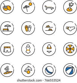 line vector icon set - coconut cocktail vector, beach, lounger, palm, inflatable pool, flip flops, swimsuit, parasol, surfing, dolphin, ball