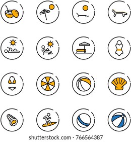 line vector icon set - coconut cocktail vector, beach, lounger, reading, inflatable pool, swimsuit, parasol, ball, shell, surfing
