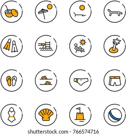 line vector icon set - coconut cocktail vector, beach, lounger, flippers, pool, palm, flip flops, swimsuit, shell, sand castle, ball