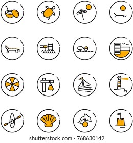 line vector icon set - coconut cocktail vector, sea turtle, beach, lounger, pool, swimming, hotel, parasol, ship bell, sail boat, lighthouse, kayak, shell, dolphin, sand castle