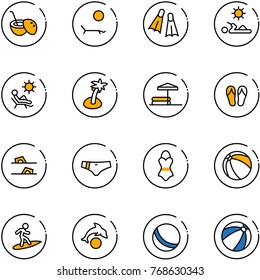 line vector icon set - coconut cocktail vector, lounger, flippers, reading, beach, palm, inflatable pool, flip flops, swimsuit, ball, surfing, dolphin