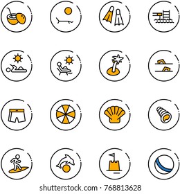 line vector icon set - coconut cocktail vector, lounger, flippers, pool, reading, beach, palm, flip flops, swimsuit, parasol, shell, surfing, dolphin, sand castle, ball
