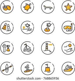 line vector icon set - coconut cocktail vector, sea turtle, lounger, starfish, flippers, palm, diving, ship bell, sail boat, lighthouse, waves, kayak, surfing, sand castle, cruiser