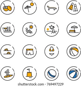 line vector icon set - coconut cocktail vector, beach, lounger, flippers, pool, palm, inflatable, flip flops, swimsuit, ball, surfing, sand castle