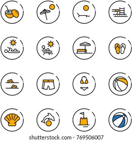 line vector icon set - coconut cocktail vector, beach, lounger, pool, reading, inflatable, flip flops, swimsuit, ball, shell, dolphin, sand castle