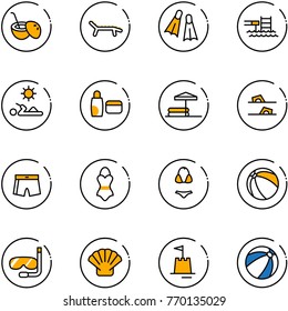 line vector icon set - coconut cocktail vector, lounger, flippers, pool, reading, uv cream, inflatable, flip flops, swimsuit, ball, diving, shell, sand castle, beach