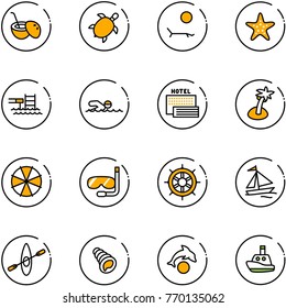 line vector icon set - coconut cocktail vector, sea turtle, lounger, starfish, pool, swimming, hotel, palm, parasol, diving, hand wheel, sail boat, kayak, shell, dolphin, toy