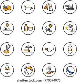 line vector icon set - coconut cocktail vector, lounger, flippers, pool, reading, uv cream, beach, palm, inflatable, swimsuit, ball, surfing