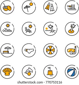 line vector icon set - coconut cocktail vector, beach, flippers, pool, reading, palm, inflatable, swimsuit, parasol, diving, shell, dolphin, sand castle, ball