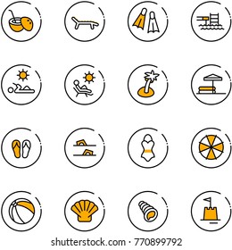 line vector icon set - coconut cocktail vector, lounger, flippers, pool, reading, beach, palm, inflatable, flip flops, swimsuit, parasol, ball, shell, sand castle