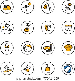 line vector icon set - coconut cocktail vector, beach, flippers, palm, flip flops, swimsuit, ball, diving, shell, surfing, dolphin, sand castle