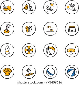 line vector icon set - coconut cocktail vector, flippers, beach, palm, flip flops, swimsuit, parasol, ball, diving, shell, surfing