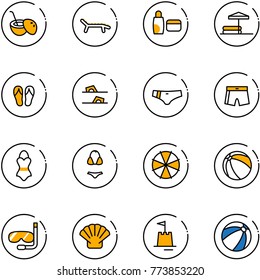 line vector icon set - coconut cocktail vector, lounger, uv cream, inflatable pool, flip flops, swimsuit, parasol, ball, diving, shell, sand castle, beach