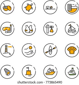 line vector icon set - coconut cocktail vector, sea turtle, swimming, hotel, diving, life vest, ship bell, sail boat, lighthouse, waves, kayak, shell, sand castle, cruiser, toy