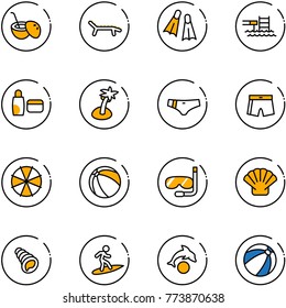 line vector icon set - coconut cocktail vector, lounger, flippers, pool, uv cream, palm, swimsuit, parasol, ball, diving, shell, surfing, dolphin, beach