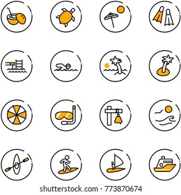 line vector icon set - coconut cocktail vector, sea turtle, beach, flippers, pool, swimming, palm, parasol, diving, ship bell, waves, kayak, surfing, windsurfing, cruiser