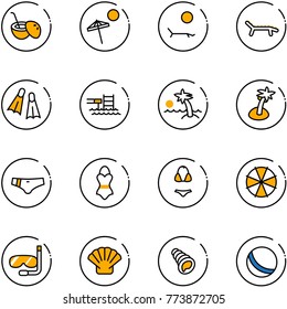 line vector icon set - coconut cocktail vector, beach, lounger, flippers, pool, palm, swimsuit, parasol, diving, shell, ball