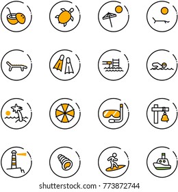 line vector icon set - coconut cocktail vector, sea turtle, beach, lounger, flippers, pool, swimming, palm, parasol, diving, ship bell, lighthouse, shell, surfing, toy boat